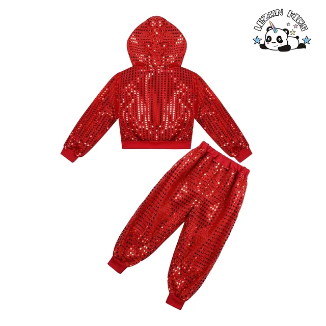 LEZONKIDS - Conjunto Personalizado de Top com Capuz e Calças com Lantejoulas para Meninas Camisa Esportiva Colorida para Festa de Dança de Verão